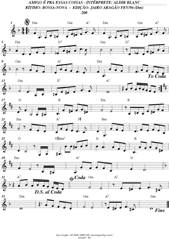 Partitura da música Amigo é pra essas coisas