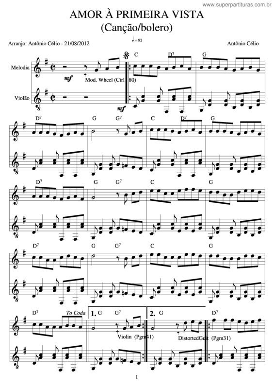 Partitura da música Amor À Primeira Vista