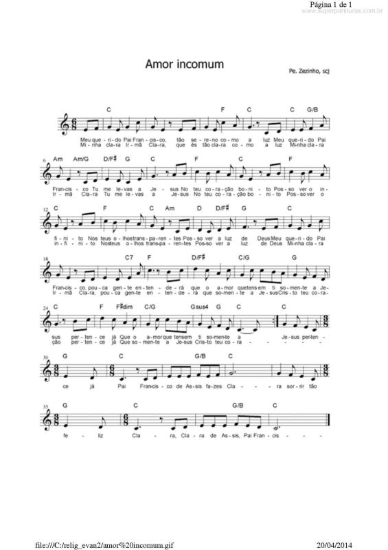 Partitura da música Amor Incomum