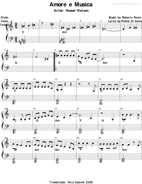 Partitura da música Amore e Música