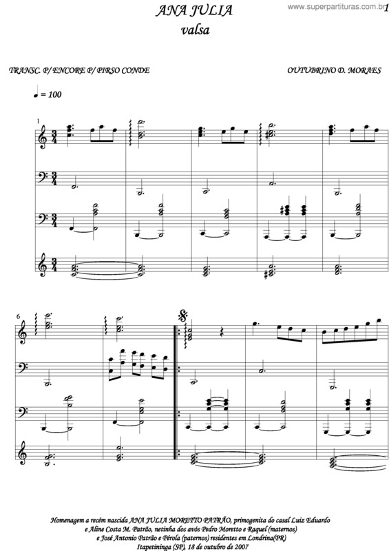 Partitura da música Ana Júlia v.2