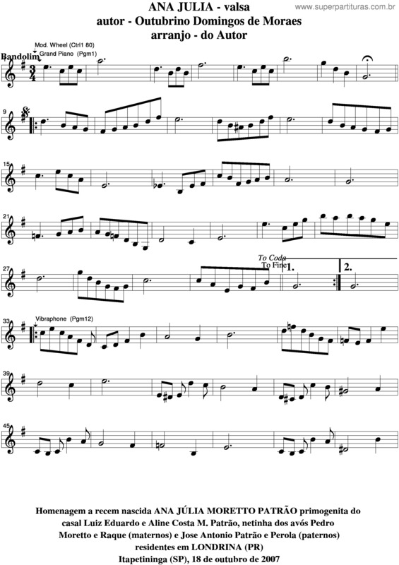 Partitura da música Ana Júlia v.4