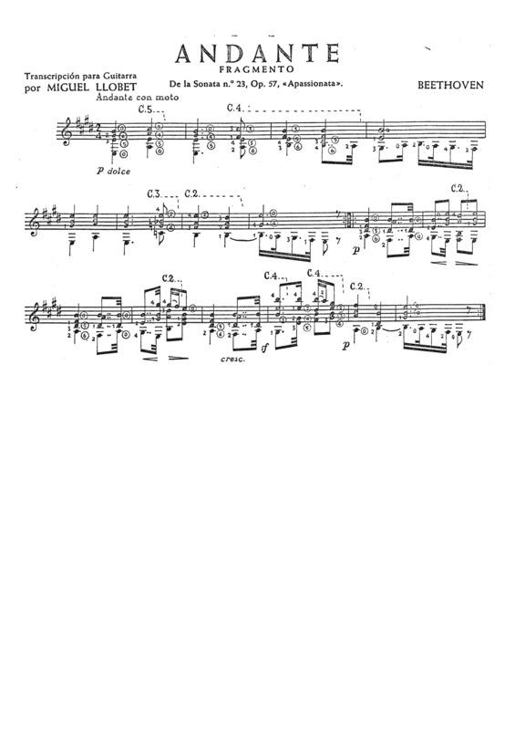 Partitura da música Andante (fragmento Da Sonata Nº23 Op 57)