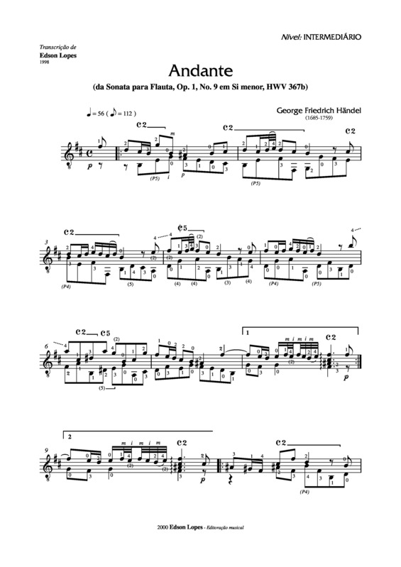 Partitura da música Andante (Sonata para Flauta em Si Menor)