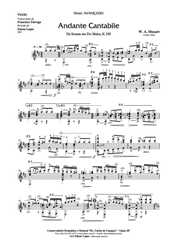 Partitura da música Andante Cantabile KV 330