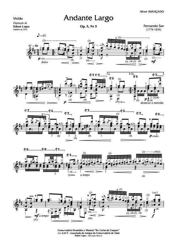 Partitura da música Andante Largo Op. 5 Nr 5