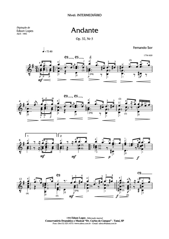 Partitura da música Andante Op. 32 Nr 5