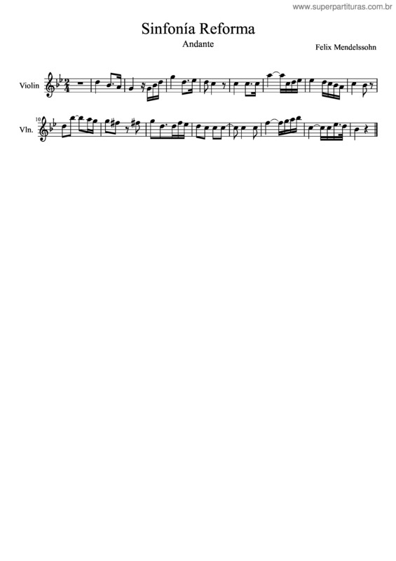 Partitura da música Andante Sinfonía Reforma De F. Mendelssohn