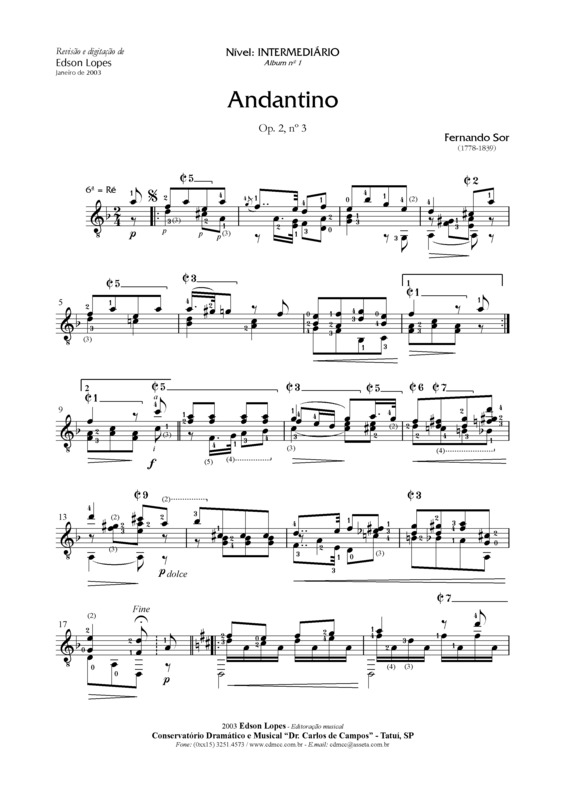 Partitura da música Andantino Op. 2 Nr 3