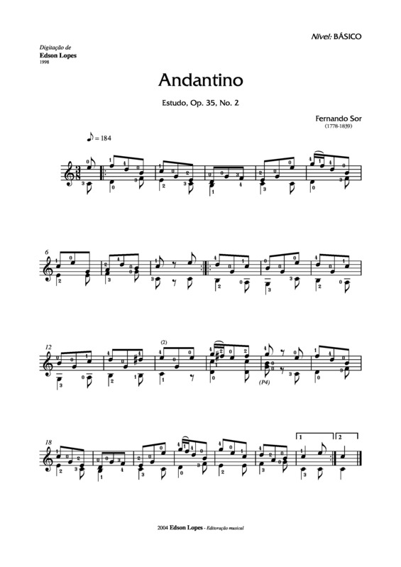 Partitura da música Andantino Op. 35 Nr 2
