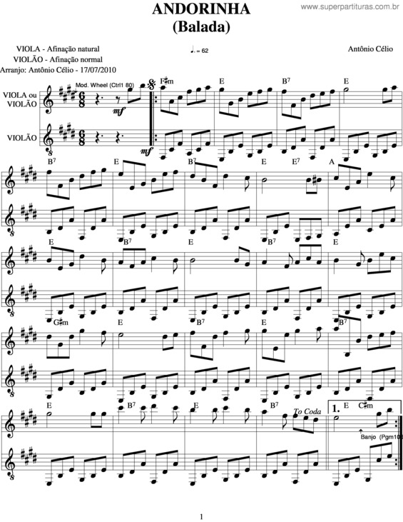 Partitura da música Andorinha v.2