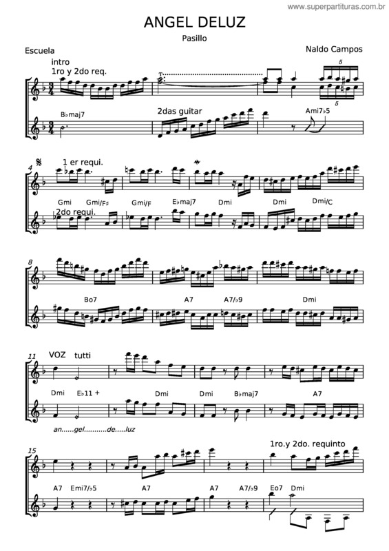Partitura da música Angel De Luz – Naldo Campos