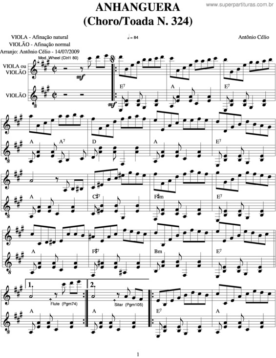 Partitura da música Anhangueran