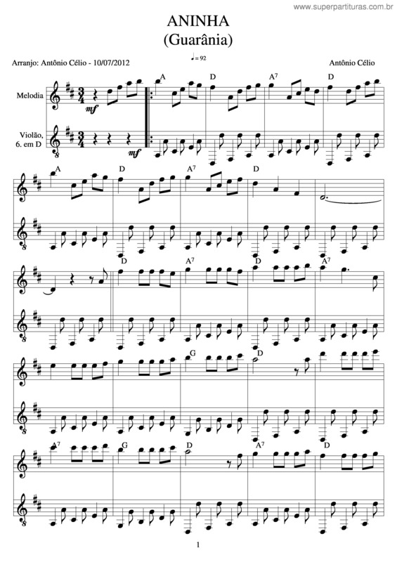 Partitura da música Aninha