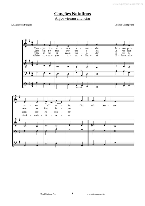 Partitura da música Anjos Vieram Anunciar