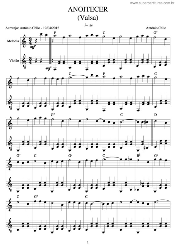 Partitura da música Anoitecer v.2