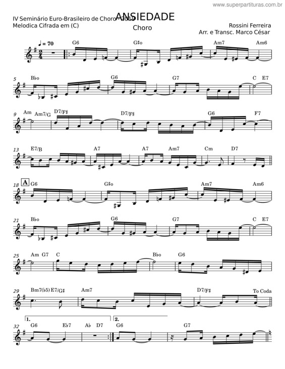Partitura da música Ansiedade – Rossini Ferreira v.2