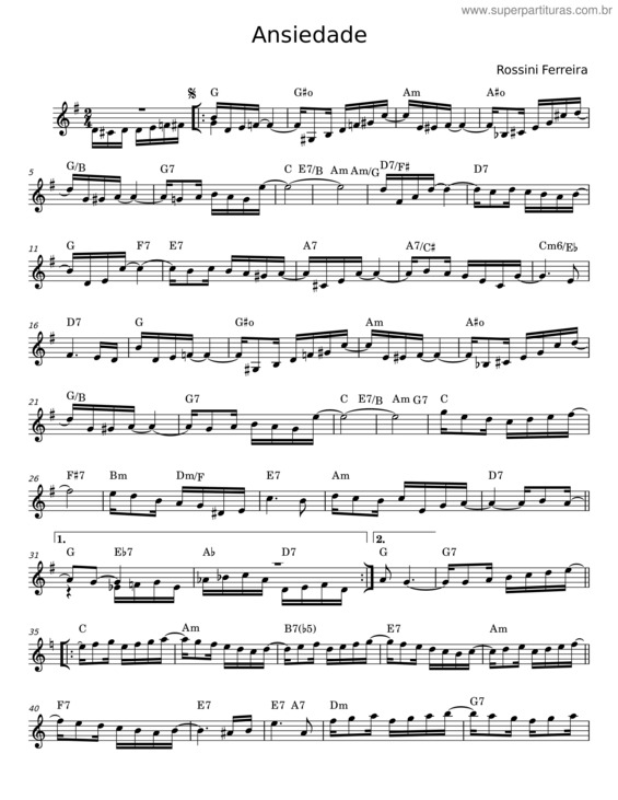 Partitura da música Ansiedade – Rossini Ferreira