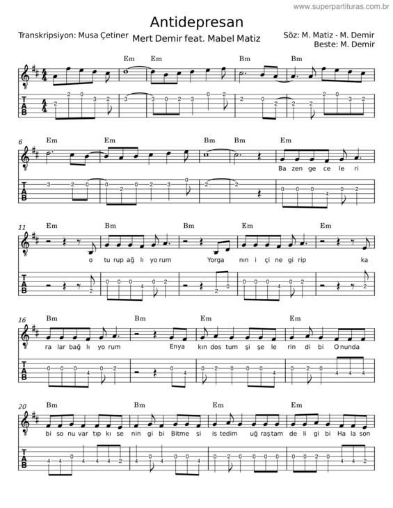 Partitura da música Antidepresan – M. Matiz;M. Demir