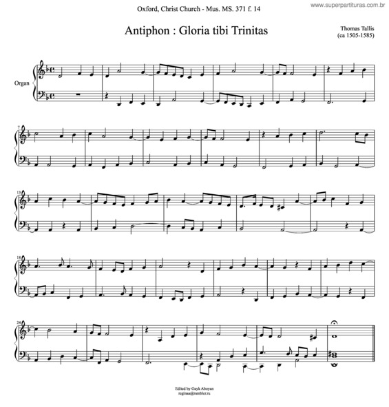 Partitura da música Antiphon   Gloria Tibi Trinitas  Thomas Tallis