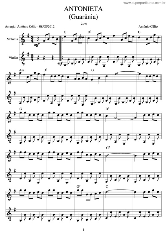 Partitura da música Antonieta