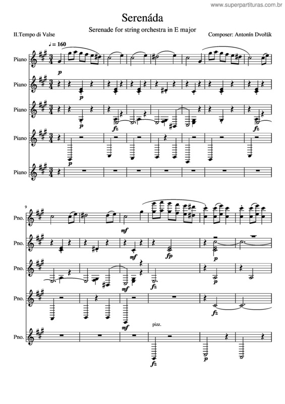 Partitura da música Antonin Dvorak Serenade For String Orchestra In E Major Op 22 Ii Tempo Di Valse Piano