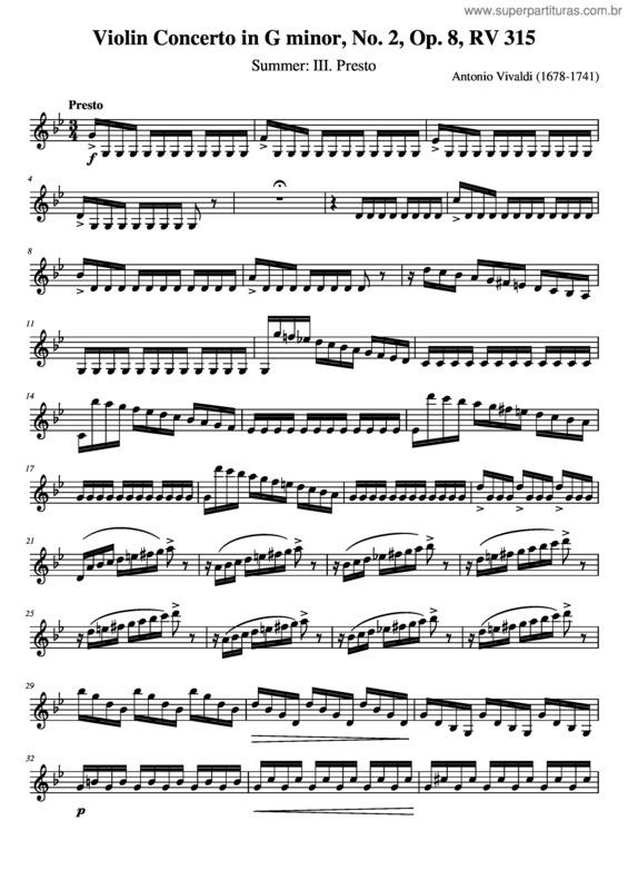 Partitura da música Antonio Vivaldi – Violin Concerto In G Minor, No. 2, Op. 8, Rv 315, Summer: Iii. Presto