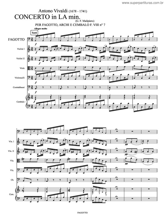 Partitura da música Antonio Vivaldi. Concerto In La Minore, Per Fagotto, Archi E Cembalo F. Viii N°.7 Rv 497