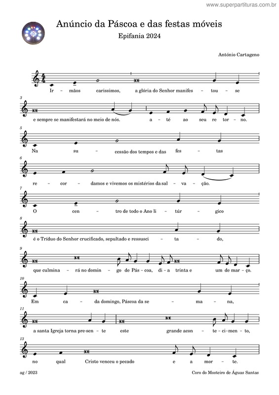 Partitura da música Anúncio Da Páscoa E Das Festas Móveis – 2024 – António Cartageno