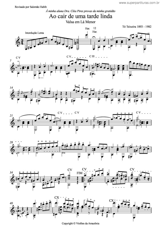 Partitura da música Ao cair de uma tarde linda