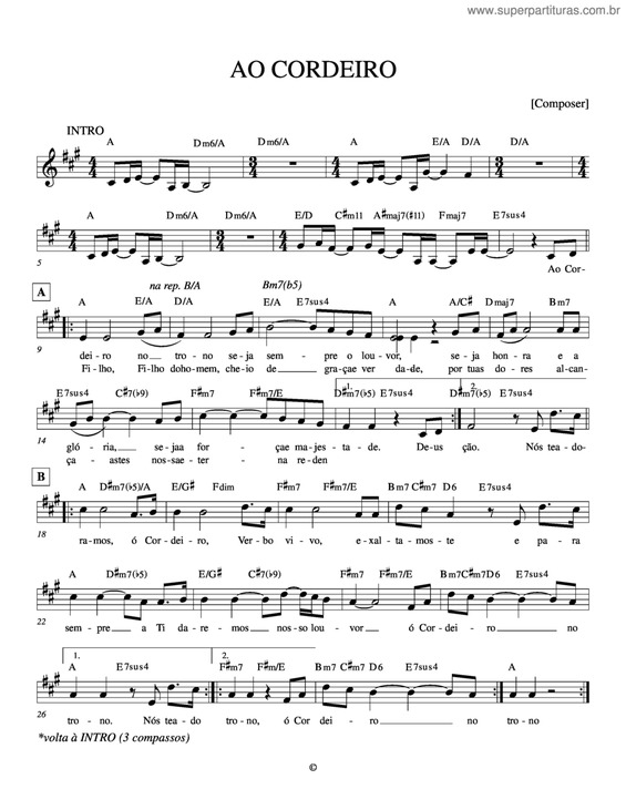 Partitura da música Ao Cordeiro