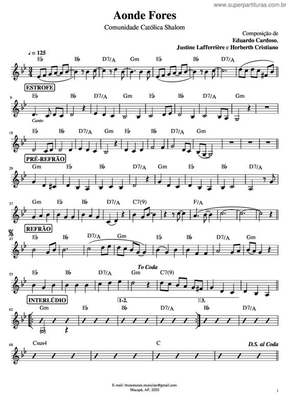 Partitura da música Aonde Fores