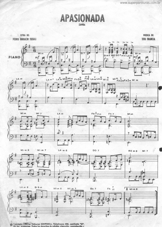 Partitura da música Apacionada