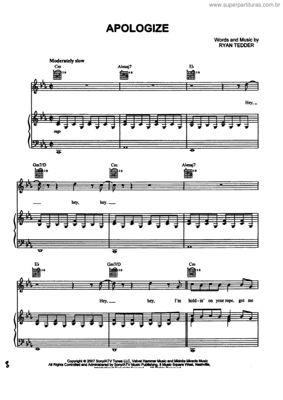 Partitura da música Apologize v.3