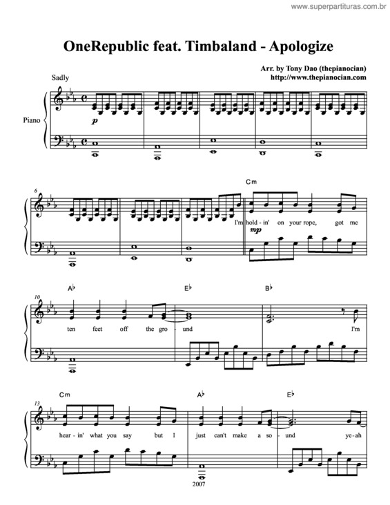 Partitura da música Apologize v.4