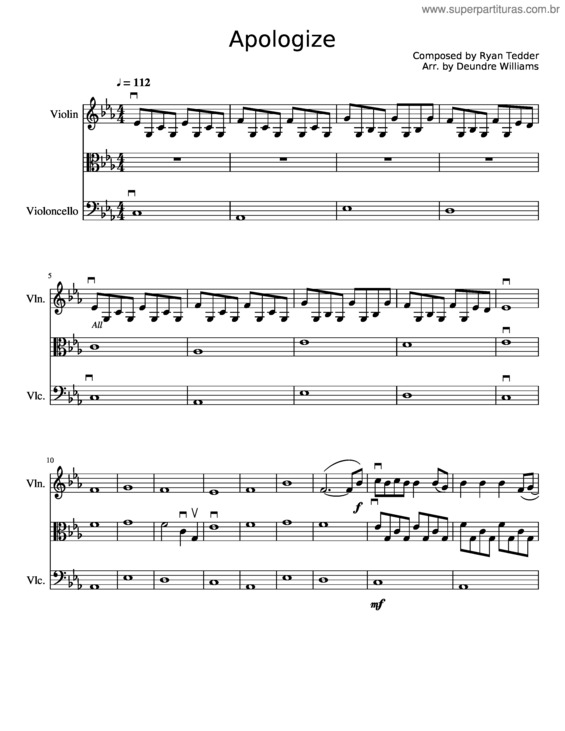 Partitura da música Apologize Violin, Viola, And Cello