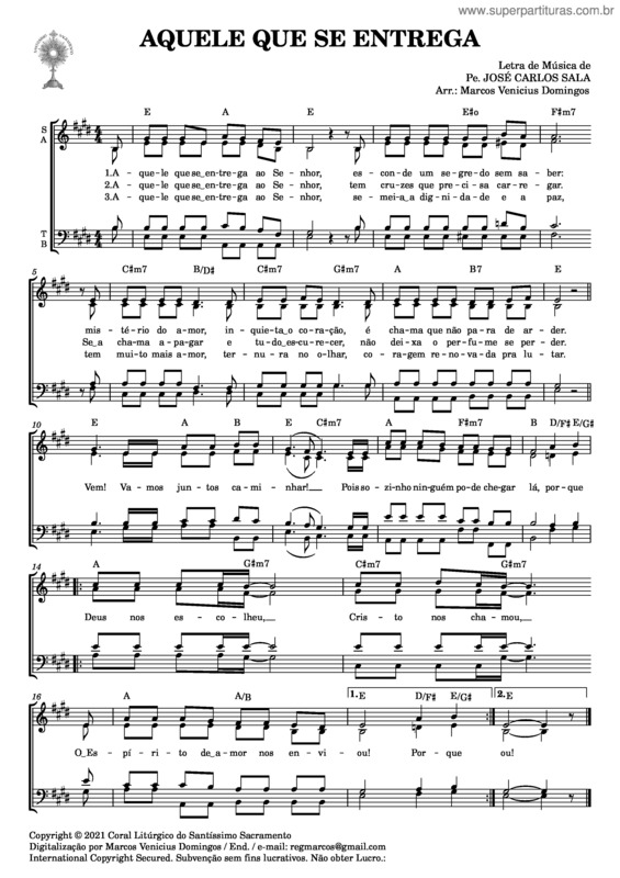 Partitura da música Aquele Que Se Entrega – Pe. José Carlos Sala