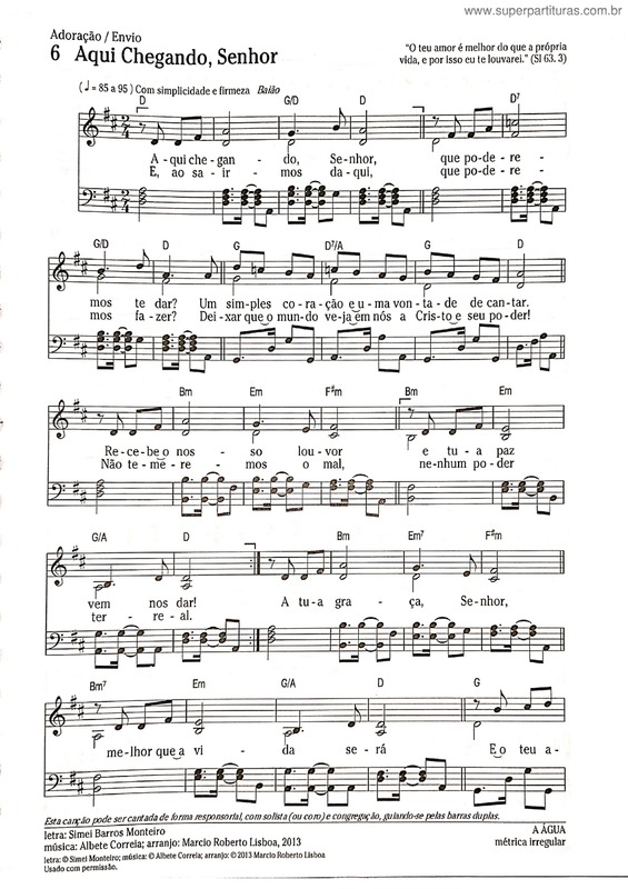 Partitura da música Aqui, Chegando Senhor