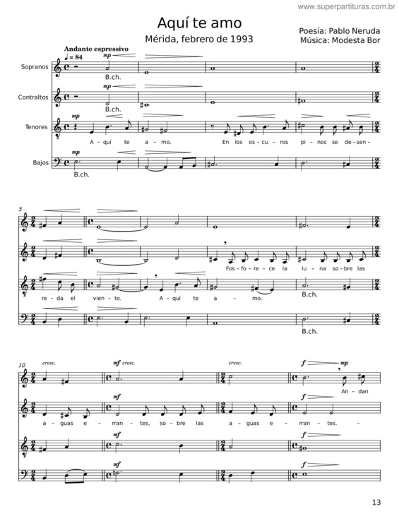 Partitura da música Aquí Te Amo – Pablo Neruda;Modesta Bor