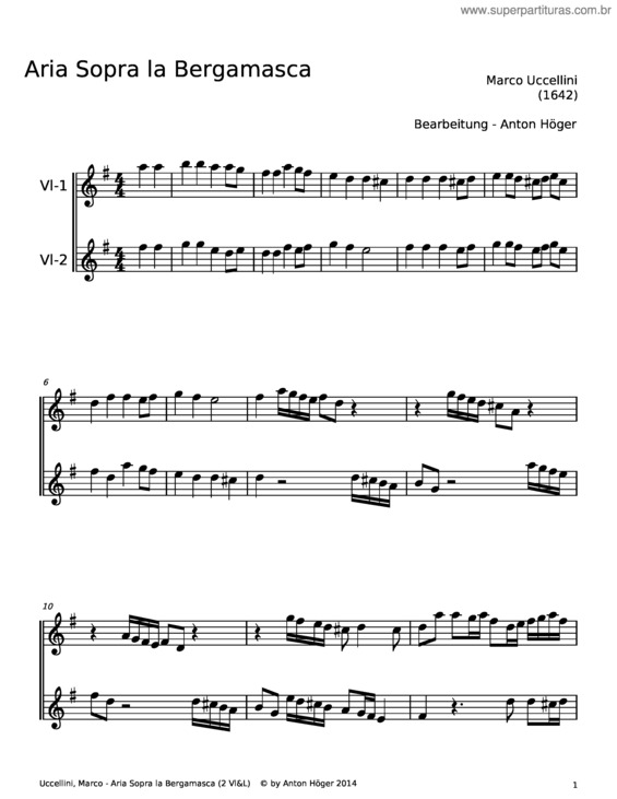 Partitura da música Aria Sopra La Bergamasca – Marco Uccellini v.2