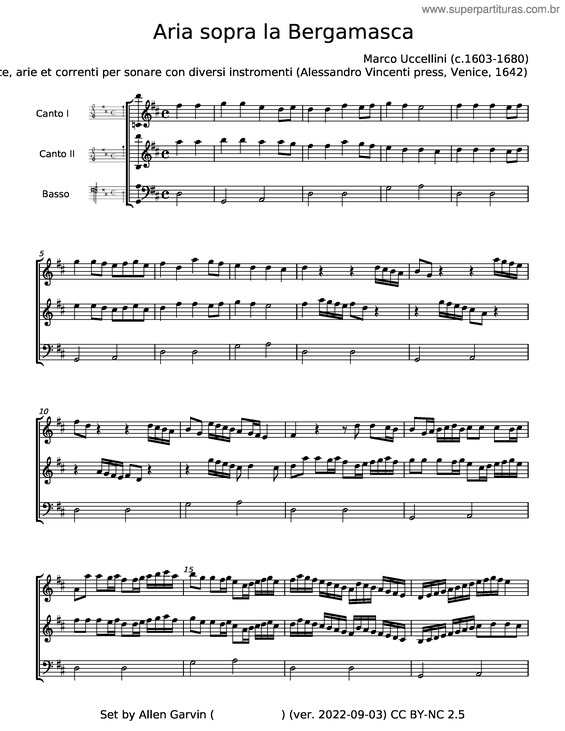 Partitura da música Aria Sopra La Bergamasca – Marco Uccellini