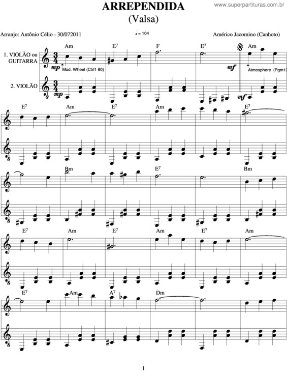 Partitura da música Arrependida v.2