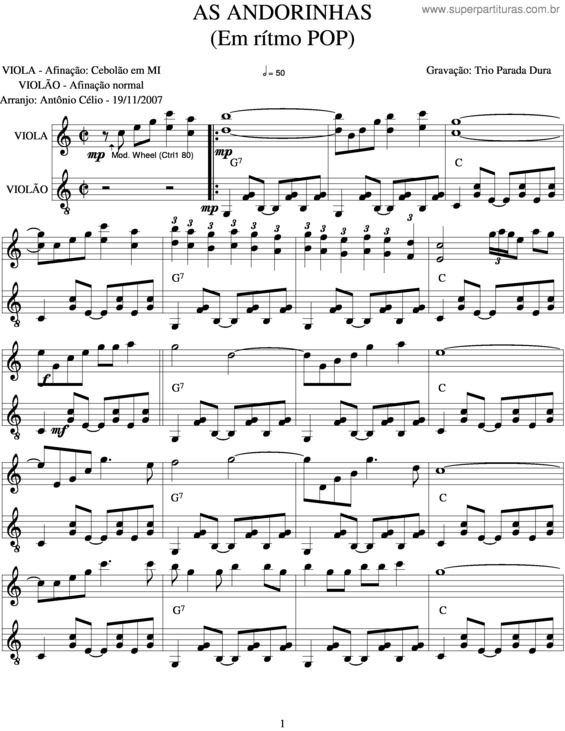 Partitura da música As Andorinhas