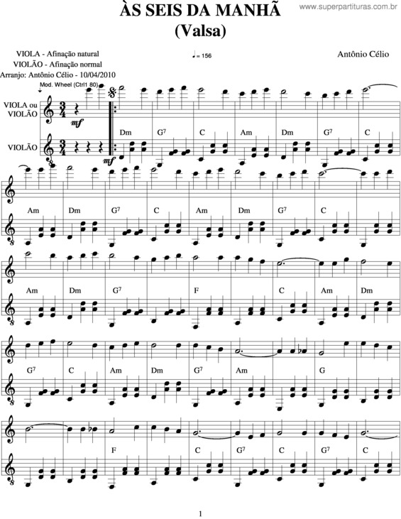 Partitura da música Às Seis Da Manhã