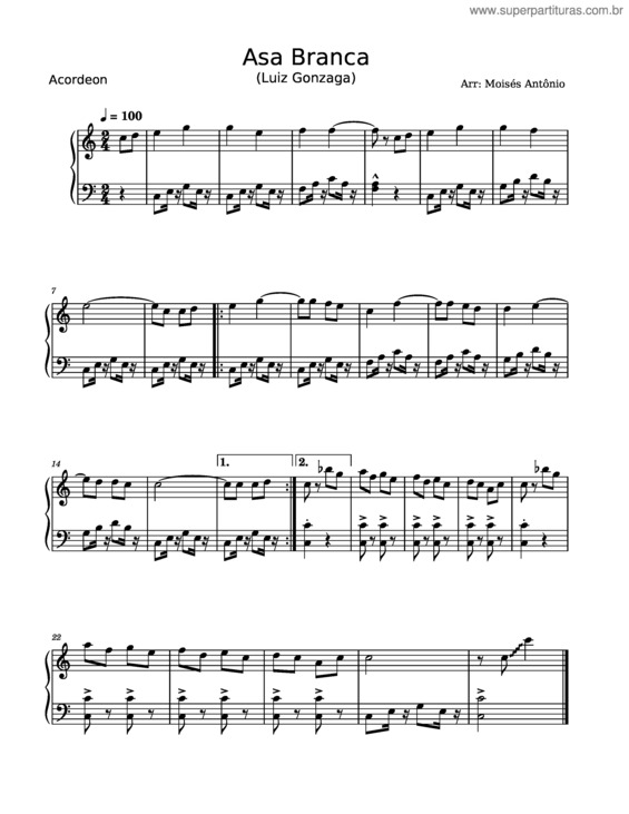 Partitura da música Asa Branca – Acordeon – Luiz Gonzaga Asa Branca – Acordeon