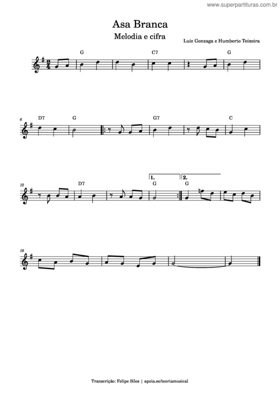 Partitura da música Asa Branca – Luiz Gonzaga E Humberto Teixeira