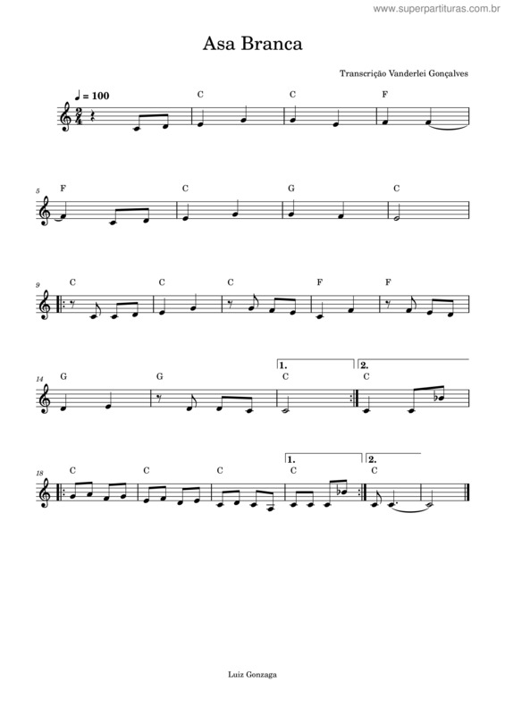 Partitura da música Asa Branca – Luiz Gonzaga Partitura Em Dó