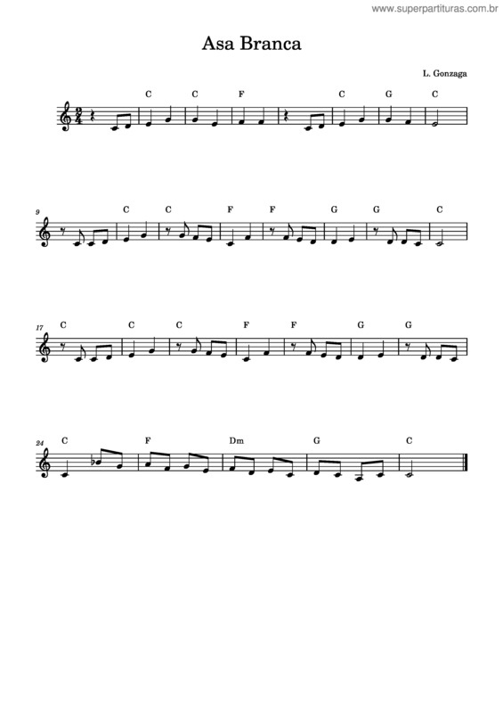 Partitura da música Asa Branca – Luiz Gonzaga