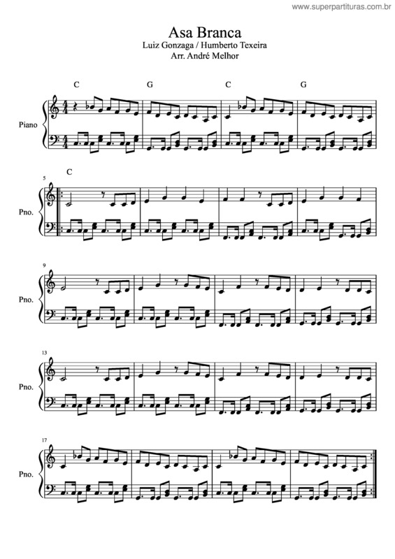Partitura da música Asa Branca Luiz Gonzaga / Humberto Texeira Arr. André Melhor