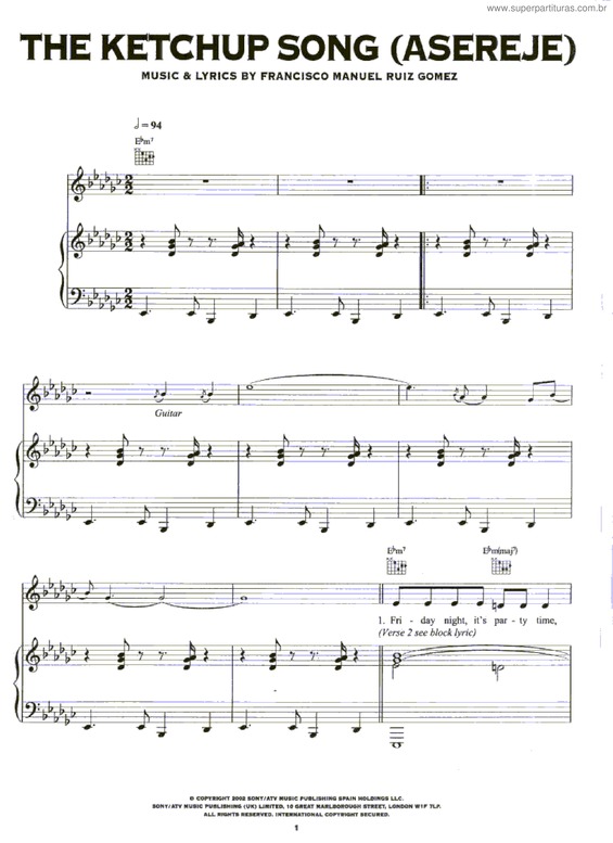 Partitura da música Asereje